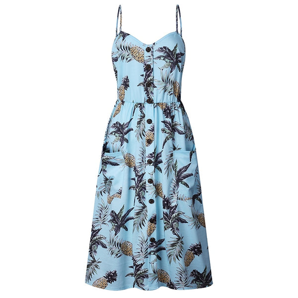 Women Fashion Print Summer Beach Dress With Pocket