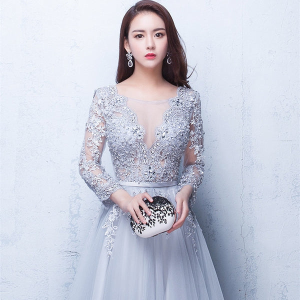 It's Yiiya New Three Quarter Illusion Backless Lace Up Flowers Elegant Evening Dress Floor Length Party Gown Evening Gowns LX048