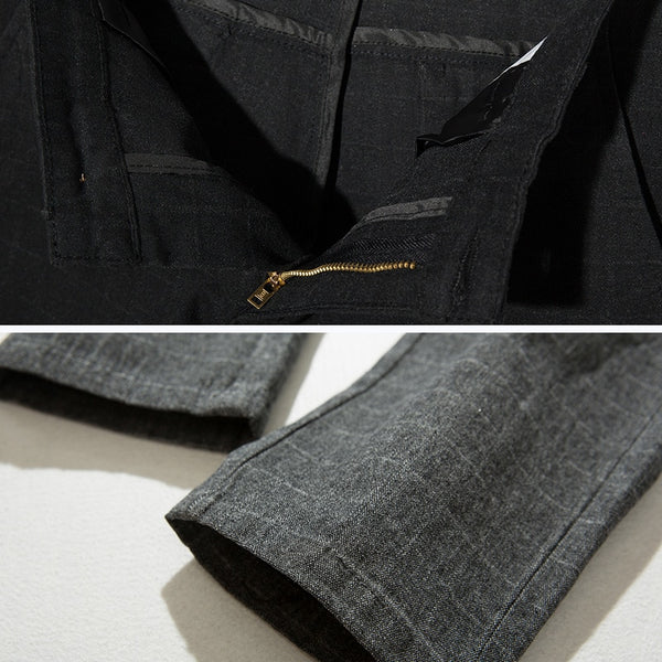 Men Casual Elastic Long Trousers Cotton Lattice Straight