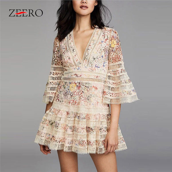ZEERO High End Self Portrait Boho Women Dress Autumn 2018 Bodycon Sexy Flare Sleeve Mini Dress Dresses Woman Party Night