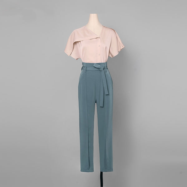 Simple Design Women Suits Asymmetric Single-breasted Short Flare Sleeve Solid Color Blouse Bow Bandage Design Long Pants 