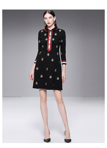 Designer Winter Black Mini Dress Women's Long Sleeve Gold Line Embroiderye Bee Lady Party Dress Vestidos