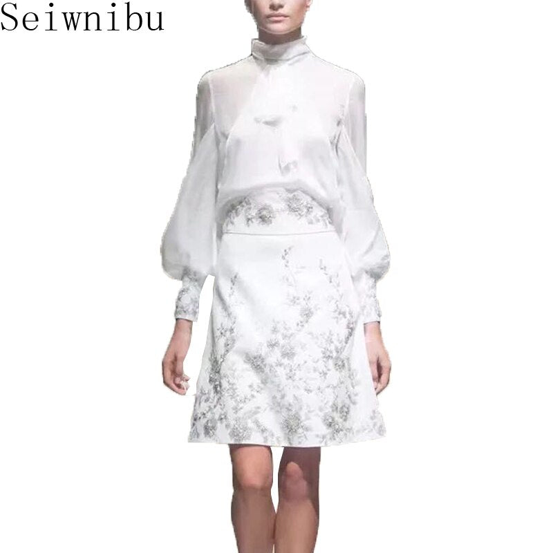 Newest Fashion Runway Suit Set Women's Long Sleeve womens Blouse+High waist embroidery beading 2 piece Skirt Set