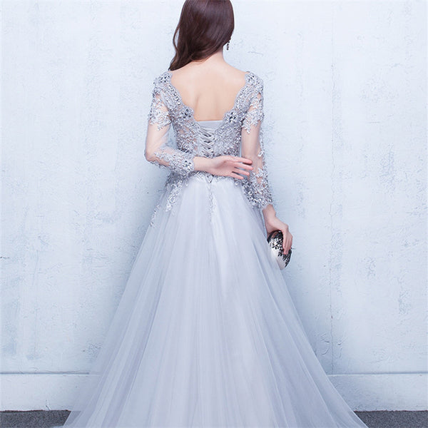 It's Yiiya New Three Quarter Illusion Backless Lace Up Flowers Elegant Evening Dress Floor Length Party Gown Evening Gowns LX048