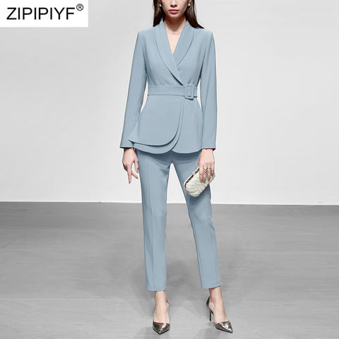 Runway Designer Ladies 2019 Spring 2 Piece Set Women Elegant Turn Down Collar Slim Black Coat + Ankle Length Pencil Pants Suits