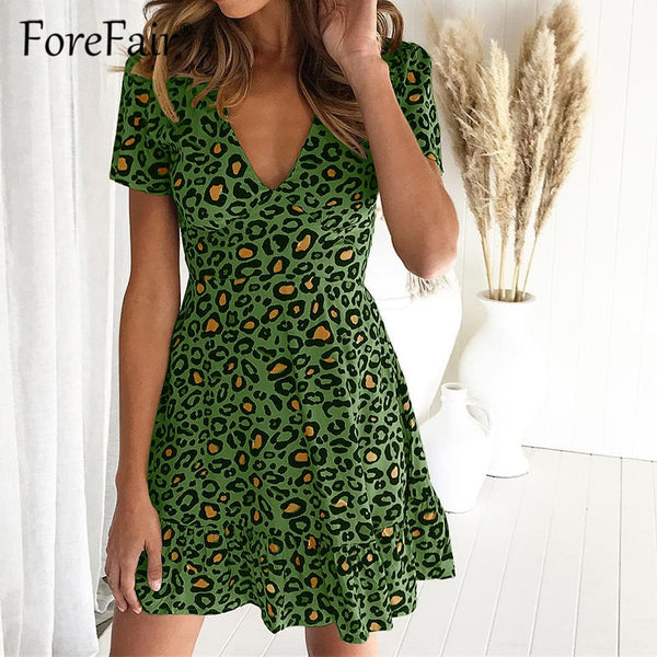 Forefair Print Leopard Dress sexy women short sleeve v neck ruffle hem high waist mini a line casual Summer Dress 2019 VESTIDOS