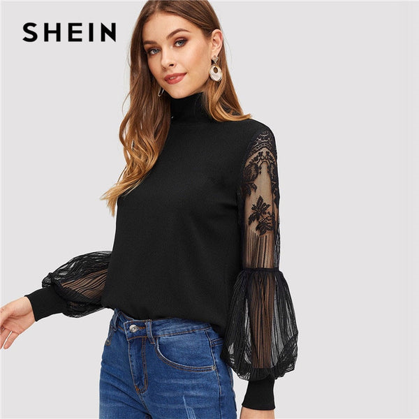 Women Black High Neck Lace Lantern Sleeve Top Fashion Mesh Blouse Women's Long Sleeve Pattern Printing Ladies Tops