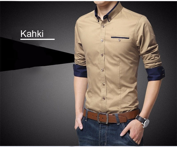 Men Cotton Casual Business Shirt Long Sleeve Solid Color
