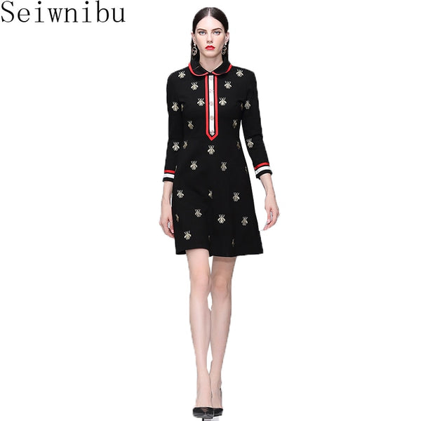 Designer Winter Black Mini Dress Women's Long Sleeve Gold Line Embroiderye Bee Lady Party Dress Vestidos