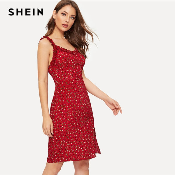 SHEIN Burgundy Ruffle Strap Slit Hem Floral Print Zipper Sheath Slim Dress Women Summer High Waist Sleeveless Short Dress