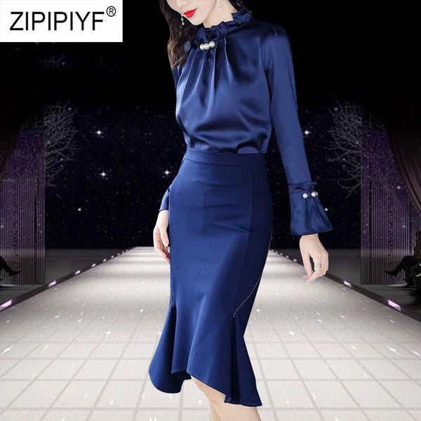 Solid Color Women Dress Sets Lady Turtleeck Flare Sleeve Blouses Bodycon A-Line Dress Elegant  Female Two Pieces Suits K611