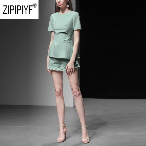 Simple Design Women Two Pieces Sets O Neck Solid Color Short Sleeve Wrinkle Office Lady Blouse Top Short Ruffle Pants Z1359