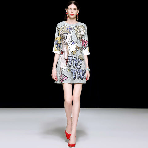 New Fashion Runway Summer Mini Dress Women's Short Sleeve Luxury Beading Diamond Printed Mini Vintage Dress High Quality