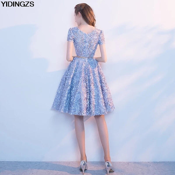 YIDINGZS Elegant Gray Lace Prom Dress Simple Short Party Formal Gown