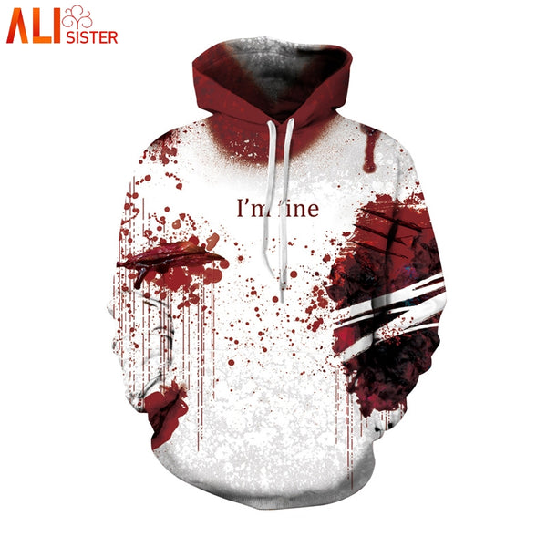 Alisister I'm Fine Horror Wound 3d Hoodies Men Women Plus Size Cosplay Sweatshirts Punk Thin Streetwear With Cap Masculino