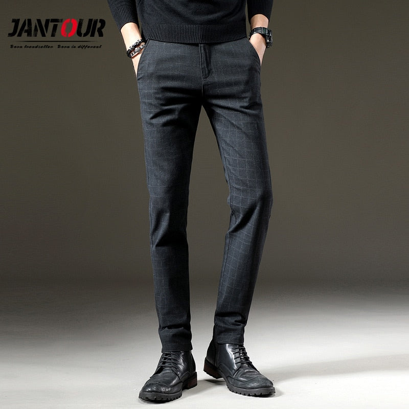 Men Casual Elastic Long Trousers Cotton Lattice Straight