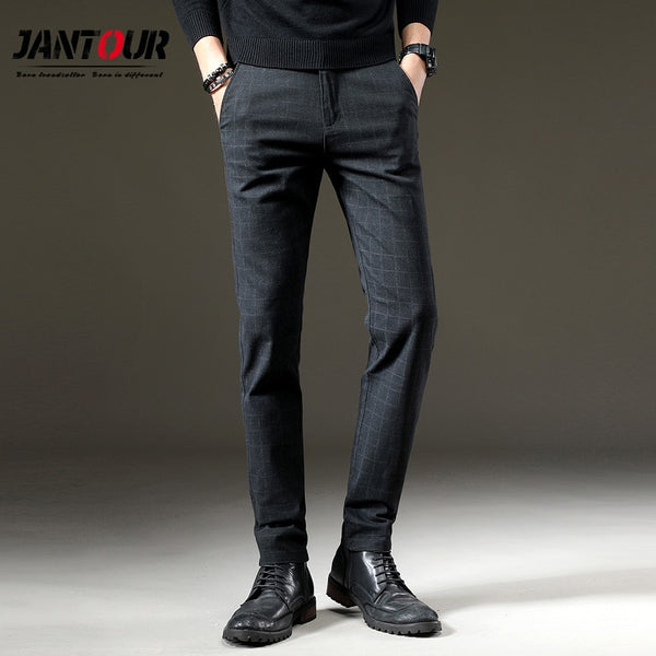 Men Casual Elastic Long Trousers Cotton Lattice Straight