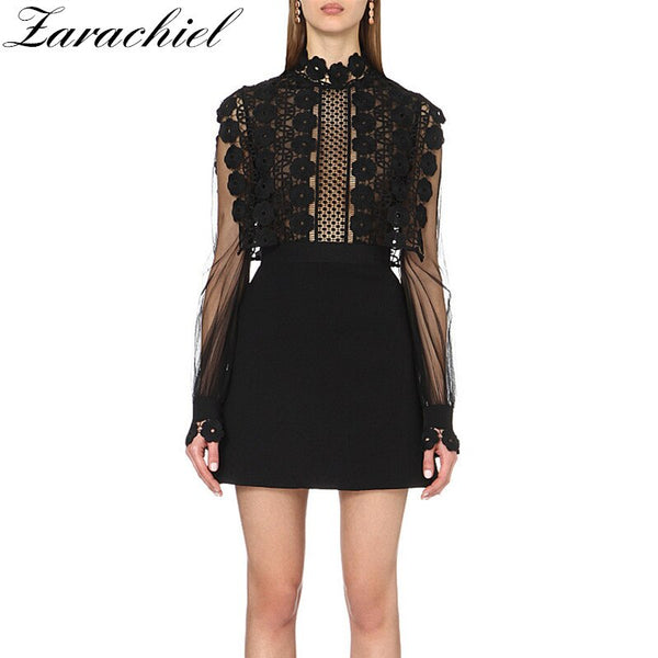 Self-Portrait Runway Patchwork Black Lace Dress 2019 Autumn Women's Long Sleeve Flower Embroidery Crochet Hollow Out Mini Dress