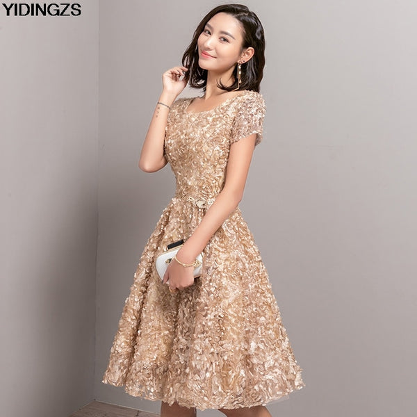 YIDINGZS Elegant Gray Lace Prom Dress Simple Short Party Formal Gown