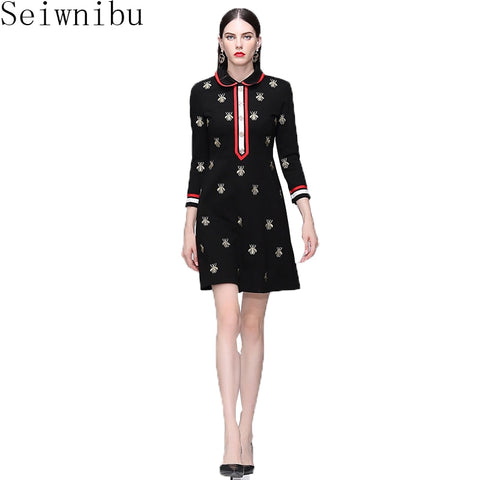 Designer Winter Black Mini Dress Women's Long Sleeve Gold Line Embroiderye Bee Lady Party Dress Vestidos
