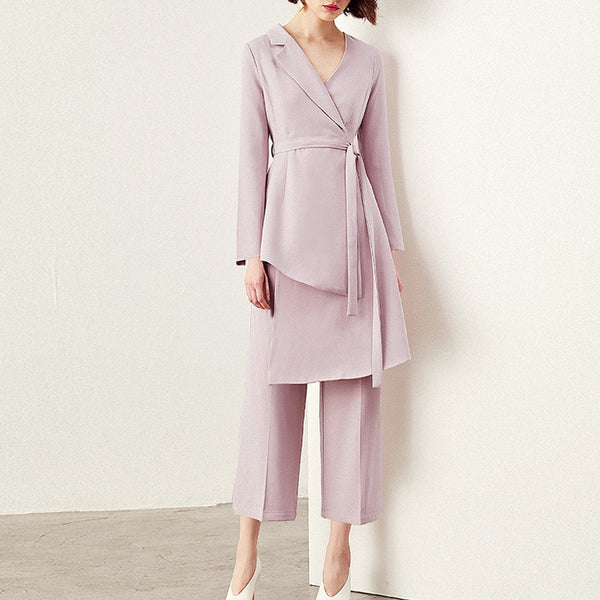 Pant Suits For Women Blazer Set Spring Lady Business Office Work Notched Irregular Long Jacket Elegant Wide Leg Pants Suit H6858