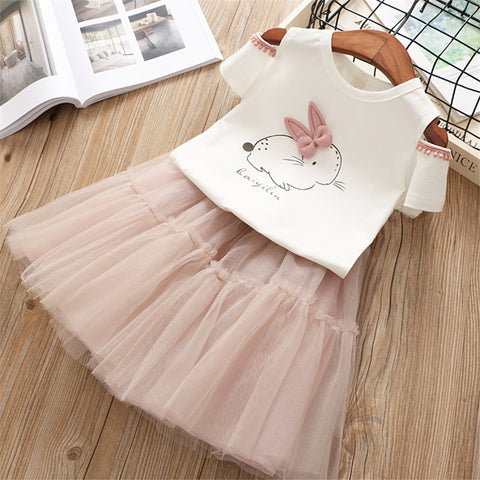 Girls Dress 2019 Brand Kids Clothes White Cartoon Cute Bunny Set Short Sleeve T-Shirt+Veil Dress 2Pcs Girls Easter Dress 3 8Y   