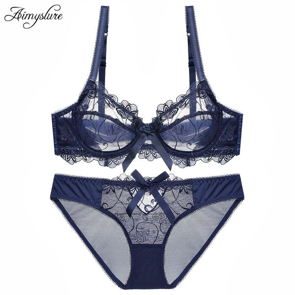 Sexy Embroidery Transparent Bras Set Women Plus Size Lingerie Set Ultra thin C D Cup Underwear Bow Brassiere panties Bra Set 