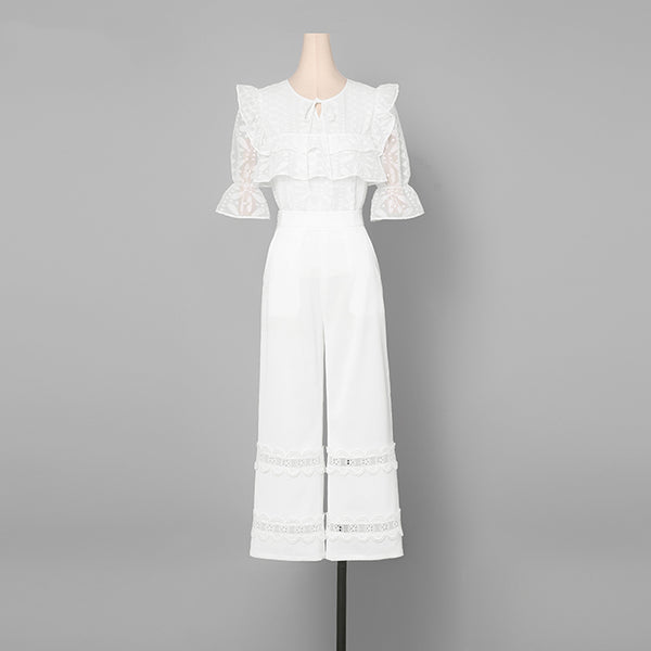 Noble Fashion Women Two Pieces Set O Neck Bow Bandage Design Ruffle White Blouse Loose Lace Patchwork Long High Waist Pant Z1465