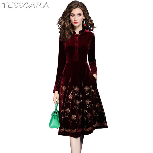 Women Autumn & Winter Elegant Sequin Velvet Dress Festa