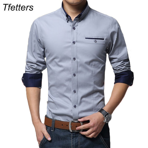 Men Cotton Casual Business Shirt Long Sleeve Solid Color