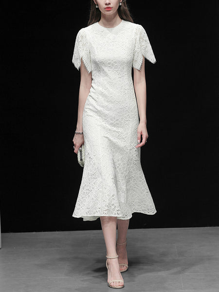 Chic Fashion Women Lace Dresses O Neck Short Butterfly Sleeve Ball Gown White Dresses Long Bodycon Casual Mid Waist Dress Z1115