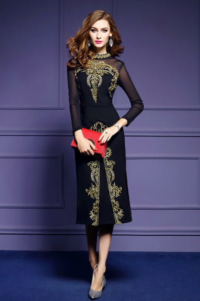 Seiwnibu Plus Size Autumn Women Black Dress 2018 Runway Gold Embroidery Long Sleeve Stretch Elegant Split Party Dress Vestidos