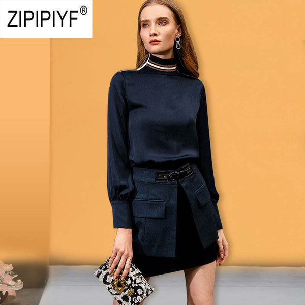 Women Office Lady Casual Two Pieces Sets Striped Long Sleeve Turtle Neck Loose Work Blouse Layered Belt Short Chic Skirts Z1273