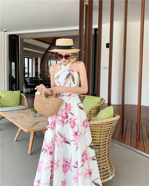 Summer Holiday Long Dress 2019 Runway Women Sexy Backless Hollow Out Maxi Dress Slim Halter Beach Party Dress