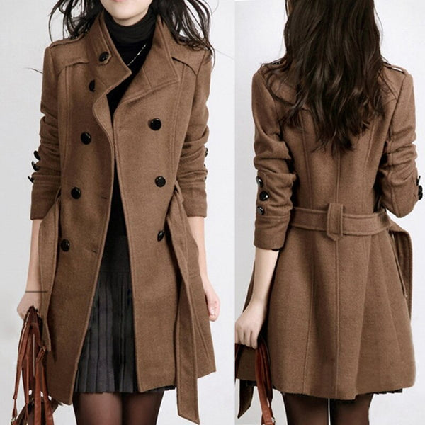 2019 Fashion Women's Woolen Coat Female Cashmere Thicker Coats Turn-down Collar Double Breasted Slim Sashes Solid Long Coat 