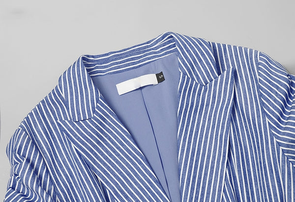 Unique Design Simple Fashion Women jacket Striped Single Button Long Lantern Sleeve Turn Down Neck Coats Casual Blazers 1111