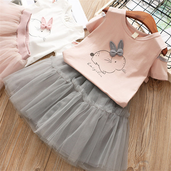 Girls Dress 2019 Brand Kids Clothes White Cartoon Cute Bunny Set Short Sleeve T-Shirt+Veil Dress 2Pcs Girls Easter Dress 3 8Y