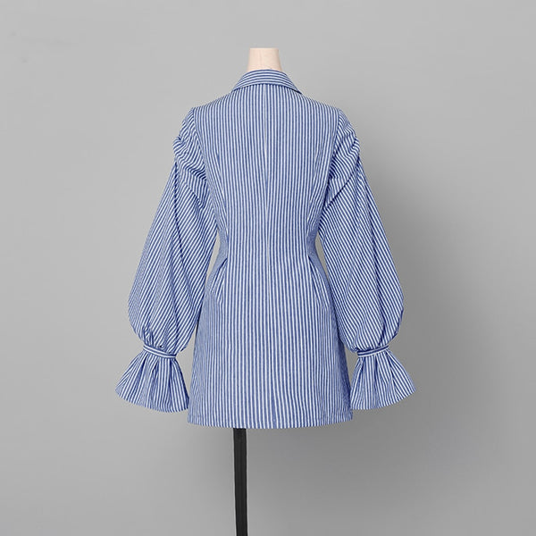 Unique Design Simple Fashion Women jacket Striped Single Button Long Lantern Sleeve Turn Down Neck Coats Casual Blazers 1111