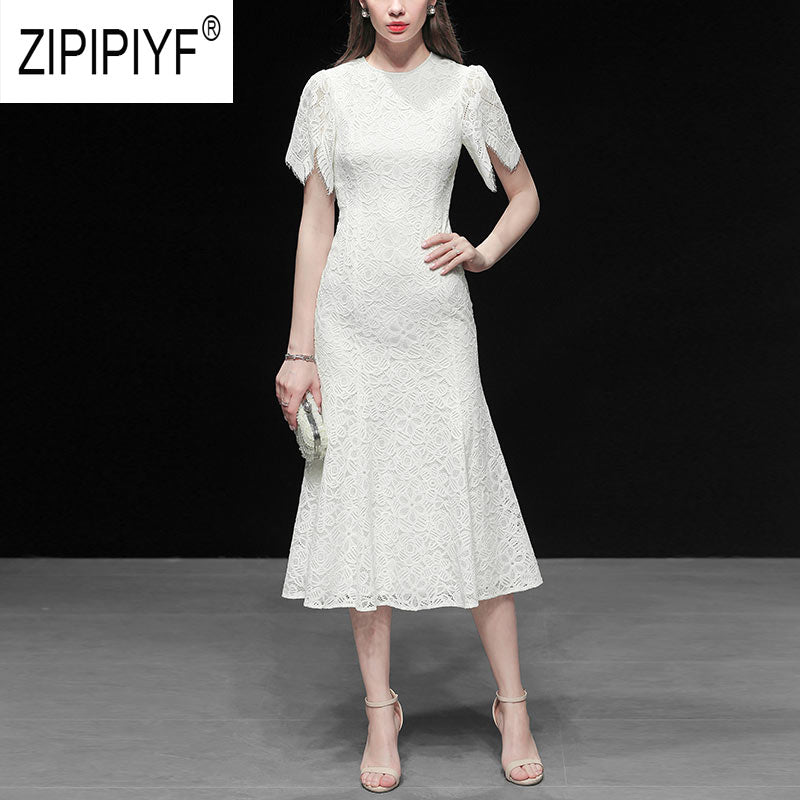 Chic Fashion Women Lace Dresses O Neck Short Butterfly Sleeve Ball Gown White Dresses Long Bodycon Casual Mid Waist Dress Z1115