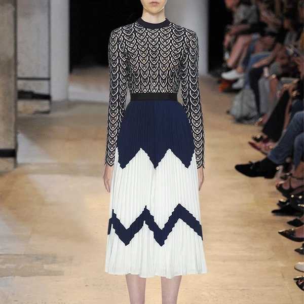 Self-portrait Hollow out Embroidery Lace Dress Women Long Sleeve Hit Color Patchwork Chiffon Pleated Dress 2019 Fall Long Dress