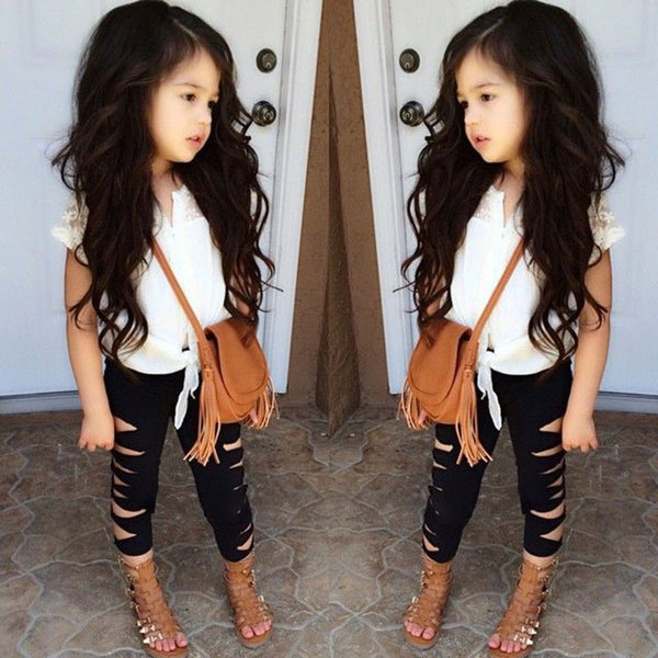 Spring Summer Girls Clothing Sets, Short Sleeve Lace T-shirt Black Hole Legging Pants 2 PCS/set
