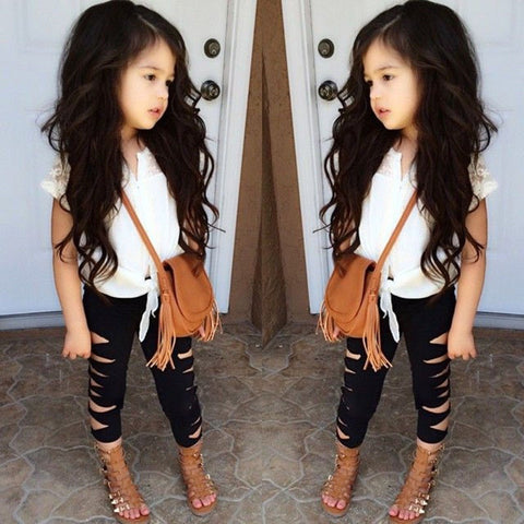 Spring Summer Girls Clothing Sets, Short Sleeve Lace T-shirt Black Hole Legging Pants 2 PCS/set