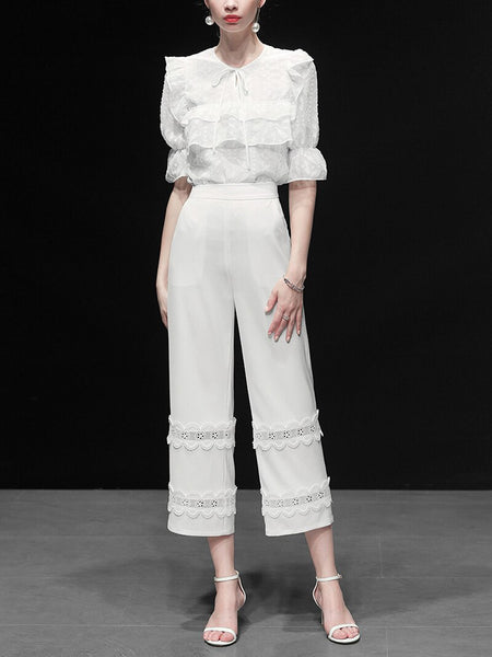 Noble Fashion Women Two Pieces Set O Neck Bow Bandage Design Ruffle White Blouse Loose Lace Patchwork Long High Waist Pant Z1465