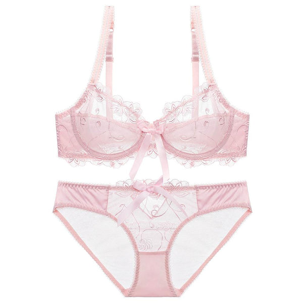 Sexy Embroidery Transparent Bras Set Women Plus Size Lingerie Set Ultra thin C D Cup Underwear Bow Brassiere panties Bra Set