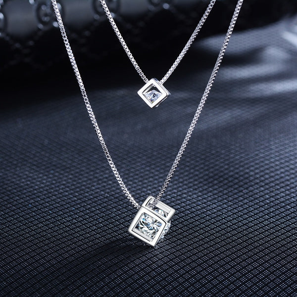 Brand Silver Color Square Cube Rhinestones Choker Statement Necklace Women Double Layer Pendants & Necklaces Jewelry Gifts DZ178