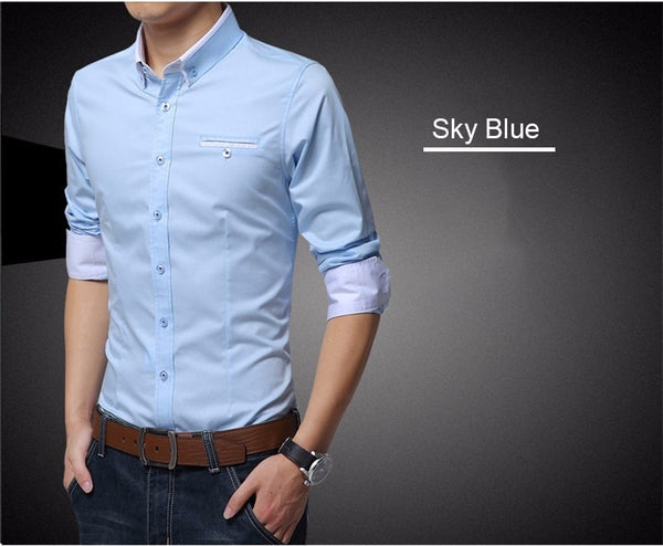 Men Cotton Casual Business Shirt Long Sleeve Solid Color
