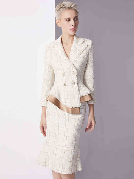 new arrival fashion skirt suits plaid temperament suit Double Breasted Irregular Blazer+mermaid skirt OL women skirt suits AB146