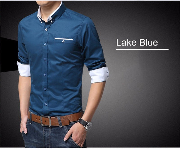 Men Cotton Casual Business Shirt Long Sleeve Solid Color