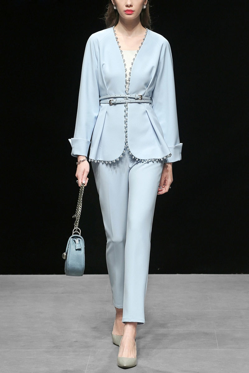 2019 Women Fashion Pants Set Elegant Patchwork Ribbed Beading Embellished Coat Belted and Ankle Length Pencil Skinny Pants C9025