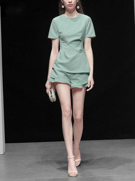 Simple Design Women Two Pieces Sets O Neck Solid Color Short Sleeve Wrinkle Office Lady Blouse Top Short Ruffle Pants Z1359